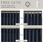 Navy 90 Inch Linen Curtains Pinch Pleated for Living Room Bedroom Dining Boho Modern Light Filtering Pinch Pleat Drapes Hooks Rings Back Tab Semi Sheer Dark Blue Indigo Window Curtains 2 Panels