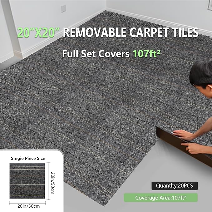40 Tiles 20"x20" Carpet Tiles (107 sqft/Carton) - Non-Slip, Non-Adhesive, Padded Square Flooring for Home & Office - Easy DIY Installation, Seamless Look, Indoor & Outdoor Use