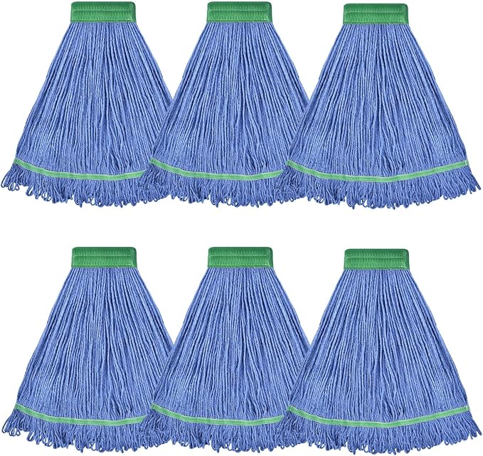 Onesimus 18 oz Heavy Duty Mop Head Replacement, 5 Inch Headband for Quick Change Handle, Blue Loop-End Cotton Blend String Wet Dry Floor Mop Refill Commercial Cleaning Supplies, 6 Pack Medium