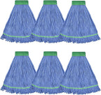 Onesimus 18 oz Heavy Duty Mop Head Replacement, 5 Inch Headband for Quick Change Handle, Blue Loop-End Cotton Blend String Wet Dry Floor Mop Refill Commercial Cleaning Supplies, 6 Pack Medium