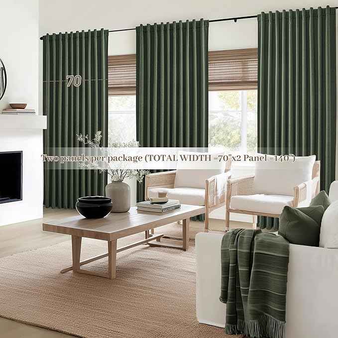 Dark Olive Green Curtains 70 Inch Length Extra Wide Pleated Black Out 84 Inch Long for Living Room, Linen Thick Sliding Glass Door Heavy Duty Insulated Large Window Drapes (70"Wx84"Lx 2Panels Loden)