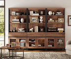 WAMPAT 3 PCS Modern 72" Tall Bookcase with 3 Drawers and Open Book Shelf, Library Book Shelf with Storage Cabinet and Glass Doors, Wood Freestanding Bookshelves for Home Office, Living Room, Brown