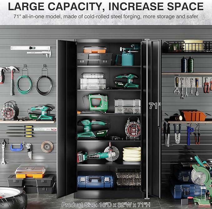 SISESOL Metal Storage Cabinet with Lock and 5 Adjustable Shelves,Lockable Garage Storage Cabinet,71" Black Steel File Cabinets with Locking Doors,Tool Cabinets for Home,Office,Garage