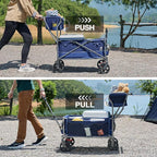 EVER ADVANCED Collapsible Push & Pull Shopping Cart with Wheels & Brakes, Foldable Wagon for Groceries with Practical Basket, Side Pockets & Cup Holders, Beach Utility Rolling Cart for Camping, Blue