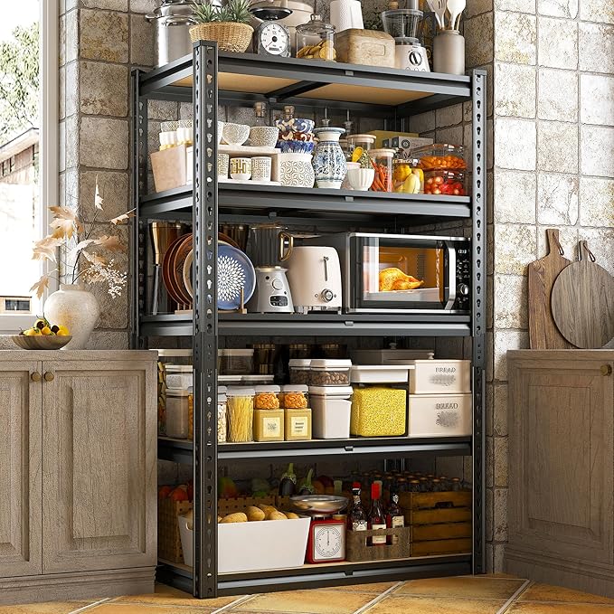 REIBII Storage Shelves 5 Tier Adjustable Garage Shelving Heavy Duty Metal Shelving 2020LBS Metal Shelf 59.8" H Pantry Shelf for Garage Pantry Closet Kitchen Basement 28" W x 12" D x 59.8" H, Black