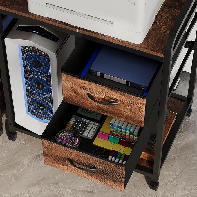 Large Printer Stand with 2 Fabric Drawers, Mobile Printer Table with Wheels and Computer Tower Slot for Home Office Storage and Organization, Rustic Brown (Rustic Brown)