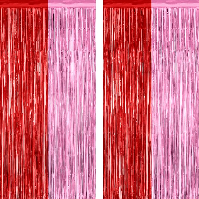 2 Pack Backdrop Curtains, 3.28 Feet x 7.05 Feet Red Pink Backdrop, Metallic Fringe Curtains Tinsel Backdrop Party Streamer, Babie Backdrop Valentines Day Happy Birthday Party Supplies Decorations