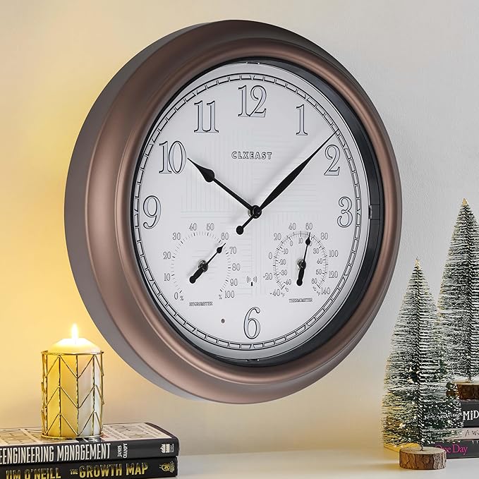 CLXEAST 18 Inch Illuminated Outdoor Indoor Atomic Analog Wall Clock with Temperature & Humidity, Lighted Outdoor Clocks for Patio Large Waterproof with Thermometer,Bronze Finish,House Warming Gifts