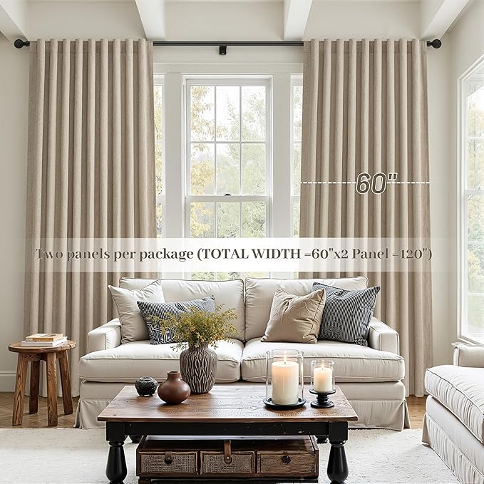 Blackout Curtains 60 Inches Extra Wide Grey Beige Linen Curtains 84 Inch Length for Living Room, Pleated Farmhouse Bedroom Thermal Drapes for Winter Large Window Energy Efficient(60"W x 84"L 2 Panels)