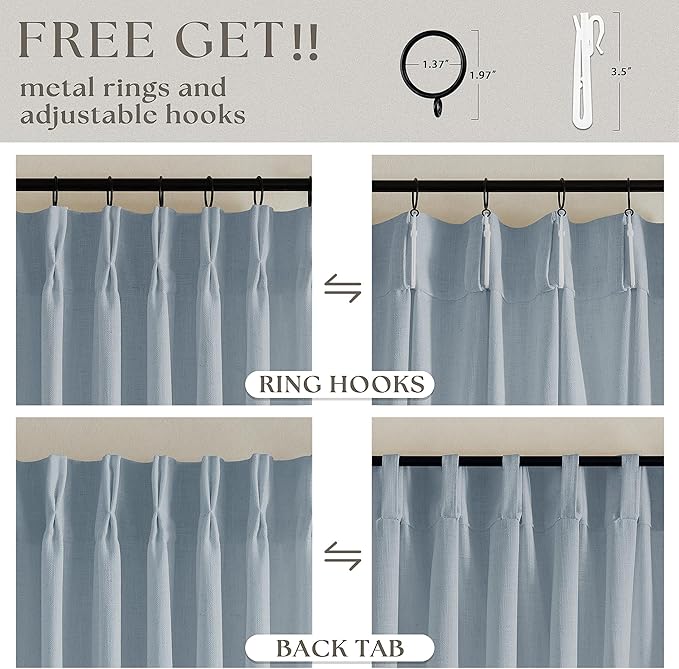 Dusty Blue Pleated Linen Curtains 96 Inches Long for Living Room 2 Panel Set Semi Sheer Light Filtering Pinch Pleat with Rings Hooks Drapes Boho Farmhouse Light Blue Grey Curtain Bedroom Window
