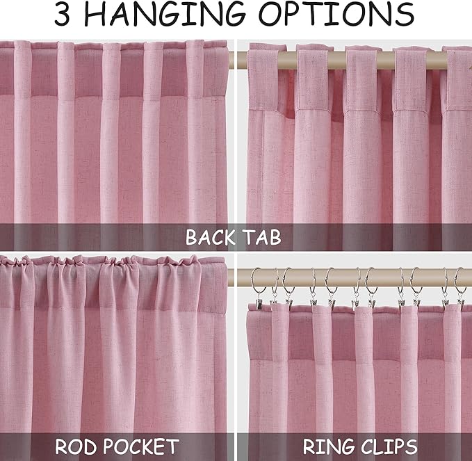 Linen Look Rose Curtains 84 Inch Long 2 Panel Set with Back Tab Rod Pocket Light Filtering Privacy Semi Sheer Textured for Neutral Farmhouse Style Bedroom and Living Room 52x84