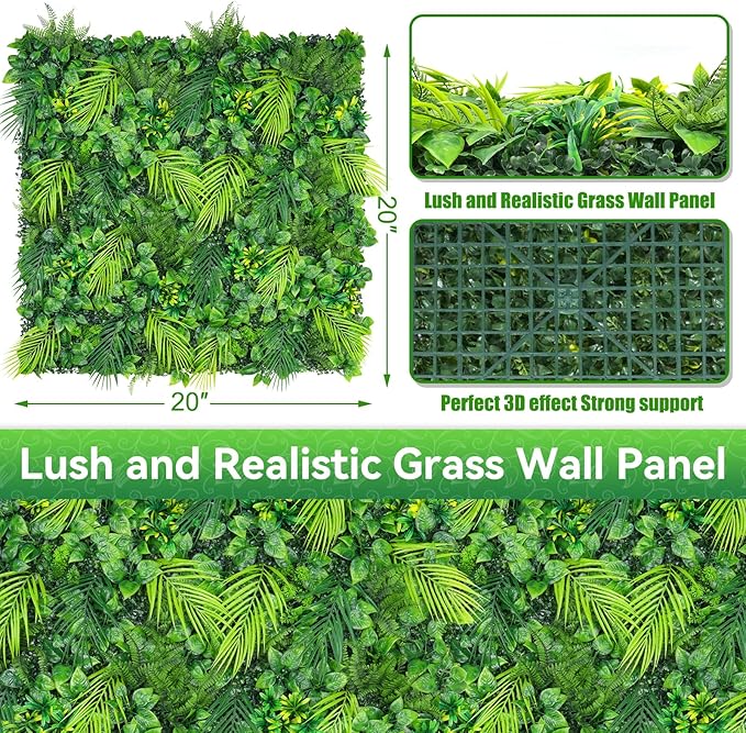 Artificial Plant Wall Panels, 20"x20" 8PCS Faux Grass Backdrop with UV Resistant Fern Leaves, Green Wall Decor for Outdoor Indoor Patio Garden Backyard