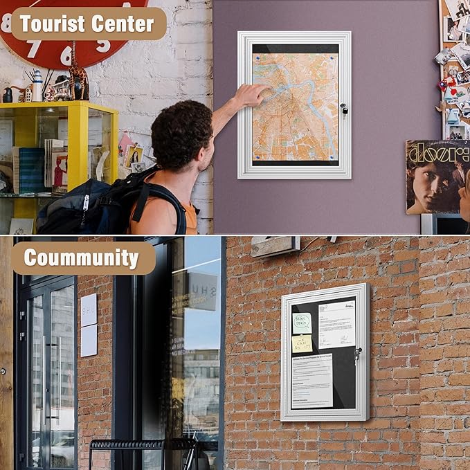 Mifuro 26"x20" Enclosed Bulletin Board, Outdoor Lockable Weather-Resistant Aluminum Cork Noticeboard for School & Office, Silver Frame w/Black Flet