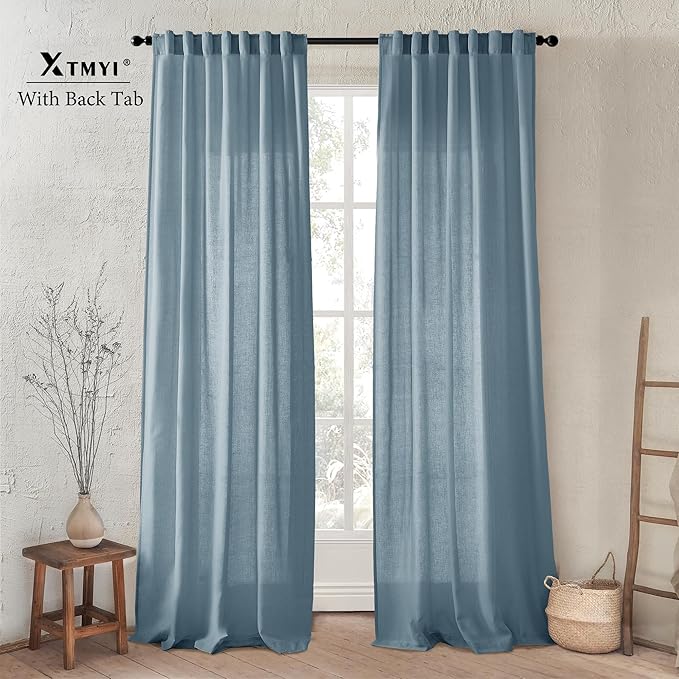 XTMYI Stone Blue Curtains 90 Inches Long for Living Room,Light Filtering Country Vintage Hooks Pleated Back Tab Semi Sheer Linen Curtains for Bedroom 2 Panels Set,Dusty Blue