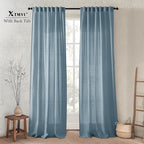 XTMYI Dusty Blue Curtains 84 Inches Long for Living Room,Light Filtering Country Vintage Hooks Pleated Back Tab Semi Sheer Linen Curtains for Bedroom 2 Panels Set,Grey Stone Blue