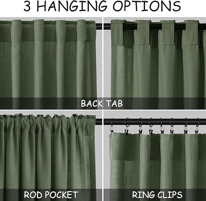 Nanspring 70 Inches Wide Olive Green Linen Curtains for Living Room 2 Panels Set 96 Inch Length Back Tab Light Filtering and Breathability Semi Sheer Curtain for Bedroom 70x96