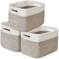 3 Pack Shelf Woven Storage Basket, 15 x 10 x 9” Closet Rope Baskets For Organizing, Square Bins with Handles, White+Rice Brown