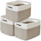3 Pack Shelf Woven Storage Basket, 15 x 10 x 9” Closet Rope Baskets For Organizing, Square Bins with Handles, White+Rice Brown