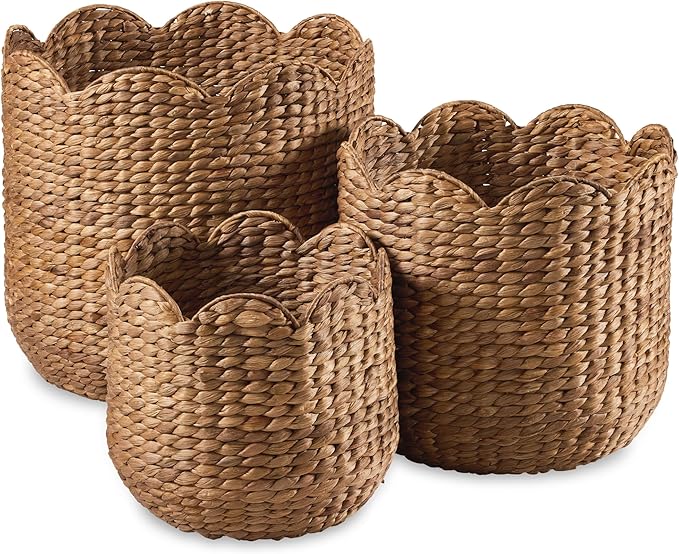 Best Choice Products 3pc Water Hyacinth Scalloped Multipurpose Nesting Baskets, Storage Bin Organization Totes for Living Room, Bedroom, Nursery, Laundry Room -Chestnut