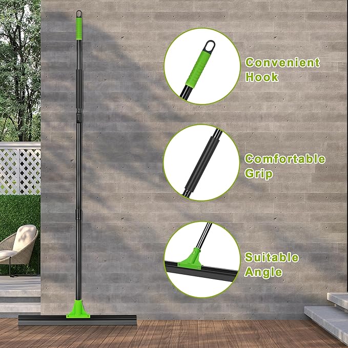 Rubber Floor Squeegee with 24” Heavy Duty Silicone Rubber Scraper Head and 60” Long Adjustable Handle, Shower Squeegees for Concrete Floor, on Multi-Surface Tile Glass Pool Garage Cleaning