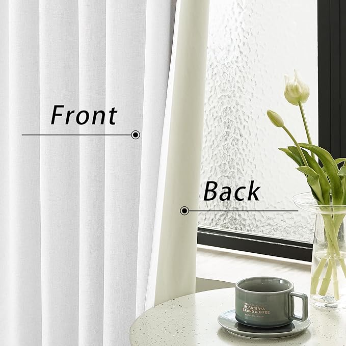 DUALIFE Full Blackout Pure White Curtains 63 Inch Long Linen Textured Curtains Thermal Insulated Heat Blocking Noise Reducing Vintage Drapes for Nursery Bedroom Rod Pocket&Back Tab 2 Panels 50W x 63L