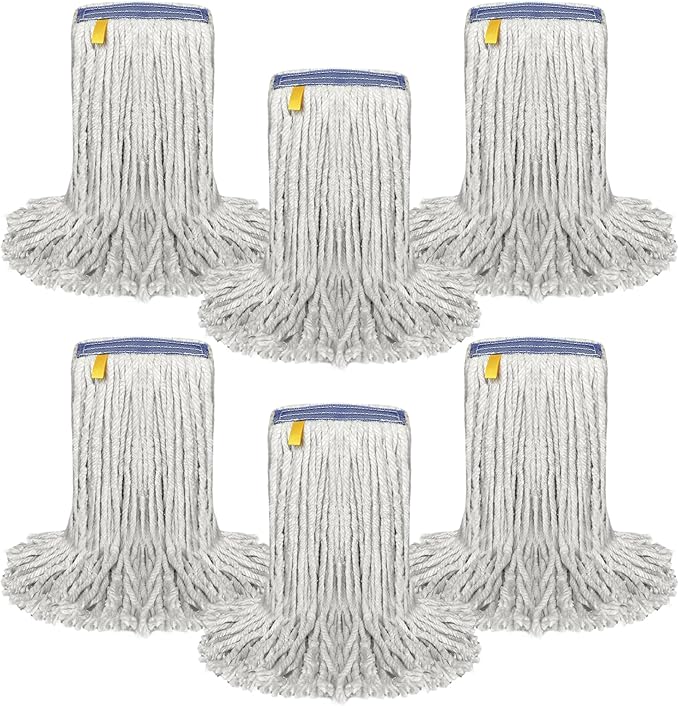 Pack of 6 Cut End Cotton Mop Head Replacement, 1.25-inch Universal Headband, Wet Mop Refills, Natural, 16 Oz