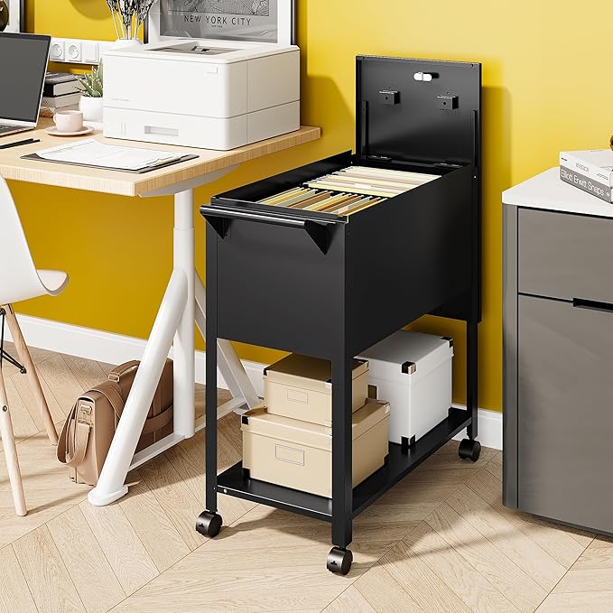 Mobile File Cabinet, 2 Tier File Cart with Wheels Hanging Files, Metal Rolling Cart with Lock and Sliding Cover for Office, Mailrooms, Cubicles, Classrooms, Libraries, Black