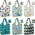 BeeGreen Animal Reusable Shopping Bags Cute Grocery Bag 6 Pack, Christmas Gift Bags Heavy-Duty Foldable Shopping Totes for Supermarket, Work & Travel, Large Washable Polyester Tote Bag with Handles