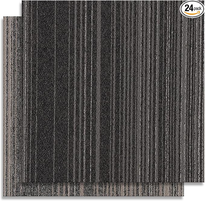 24 Tiles 20 X 20 Inch Carpet Tiles Floor, Carpet Squares for Living Room Bedroom Office, Stripe Dark Grey (64.5 Sq.Ft per Box)