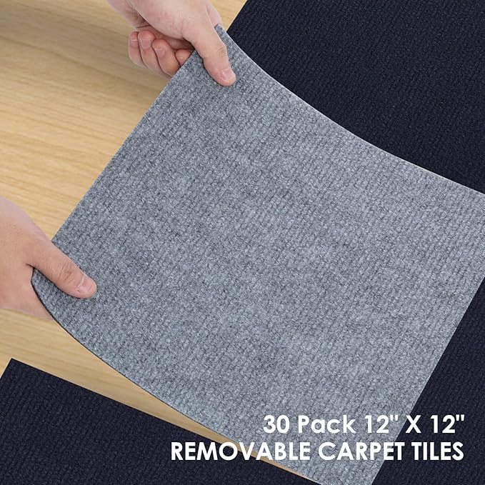 30 Pack Carpet Tile - 12” X 12” Self Adhesive Carpet Floor Tiles Anti-Slip Squares Peel and Stick Floor Tile DIY Installation for Bedroom (Light Gray)