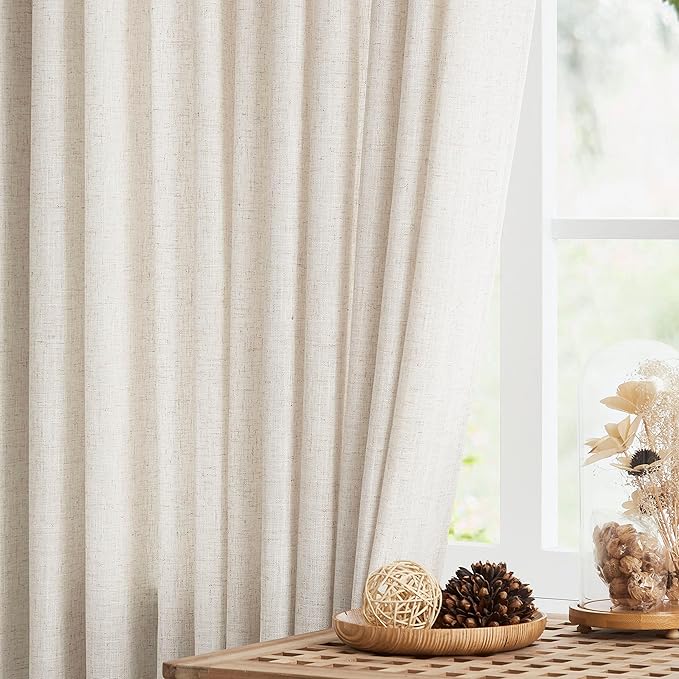 Vision Home Natural Pinch Pleated Semi Sheer Curtains Textured Linen Blended Light Filtering Window Curtains 120 inch for Living Room Bedroom Patio Pinch Pleat Drapes with Hooks 1 Panel 60" Wx120 L