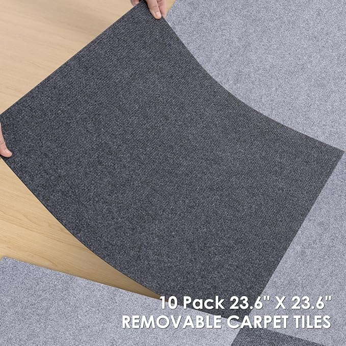 Carpet Tile 10 Pack 24” X 24” Self Adhesive Carpet Floor Tiles Anti-Slip Squares Peel and Stick Floor Tile DIY Installation for Bedroom(Dark Grey)