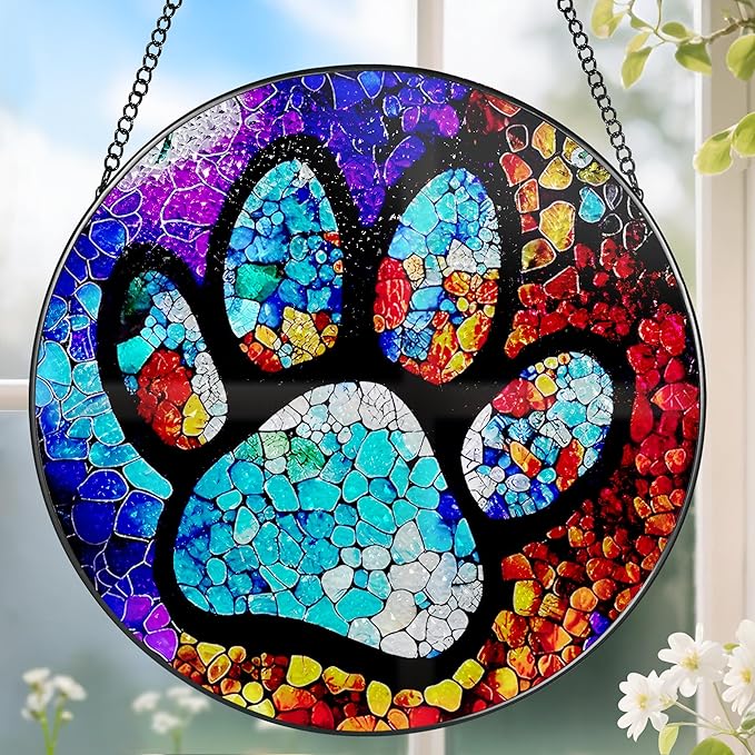 Stained Glass Window Hanging, DOUHASU Pet Memorial Suncatcher Ornament, Dog Memorial Gifts for Loss of Dog, Pet Lovers Gifts, Thoughtful Dogs and Cats Remembrance, Bereavement Gift