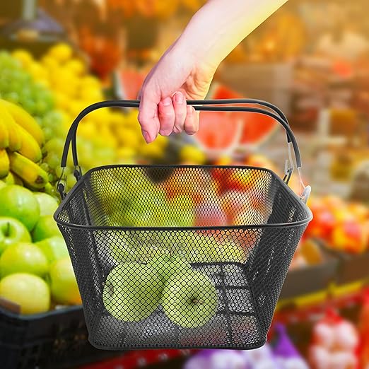 SSWBasics Black Metal Shopping Basket with Handles - 17”W x 12”D x 7”H - Durable and Sleek Grocery Basket for Grocery, Market, Retail, and Thrift Stores - Lightweight, Stackable Shopping Baskets for