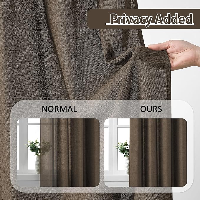 Brown Pleated Linen Curtains 100 Inches Long Farmhouse Semi Sheer Memory Trained Shape Pinch Pleat Drapes with Hooks Back Tab Ripple Fold Curtain for Bedroom Living Room 50x100