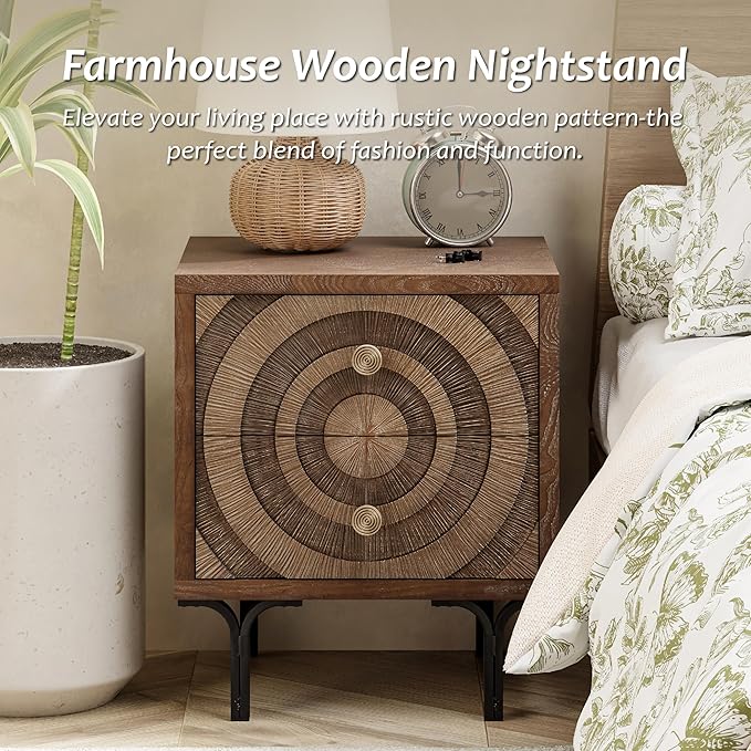 Farmhouse 2-Drawer Nightstand, Accent Wooden Nightstand with Circle Pattern and Radioactive Wood Lines, for Bedroom, Natural Wood Color