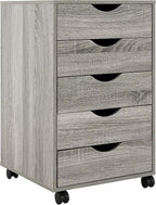 5-Drawer Rolling Storage Cart Organizer - Mobile Under Desk Dresser with Lockable Wheels, Grey Oak Engineered Wood for Home Office Dorm, Compact 15.7 x 15.7 x 26 Inches