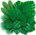 Decopom Artificial Palm Leaves 60-108 Pack - 6 Kinds Large Small Green Fake Palm Leaf with Stems for Safari Jungle Hawaiian Luau Party Table Decoration Wedding Birthday
