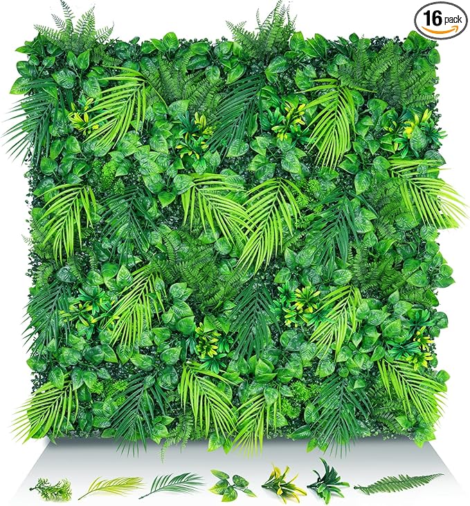 Artificial Plant Wall Panels, 20"x20" 16PCS Faux Grass Backdrop with UV Resistant Fern Leaves, Green Wall Decor for Outdoor Indoor Patio Garden Backyard