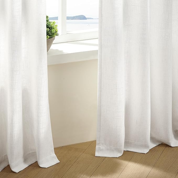 Off White Linen Curtains 102 Inches Long 2 Panels for Living Room Modern Thick Linen Flax Pinch Pleated Memory Trained Light Filtering Ceiling Semi Sheer Curtain with Hook Rings Ivory Beige White