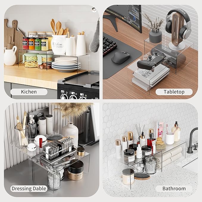 Acrylic Cabinet Shelf Riser Set of 4, Heavy-Duty Kitchen Organizers with Non-Slip Pads, Clear Countertop Spice Shelves for Pantry Storage & Cabinet Decor