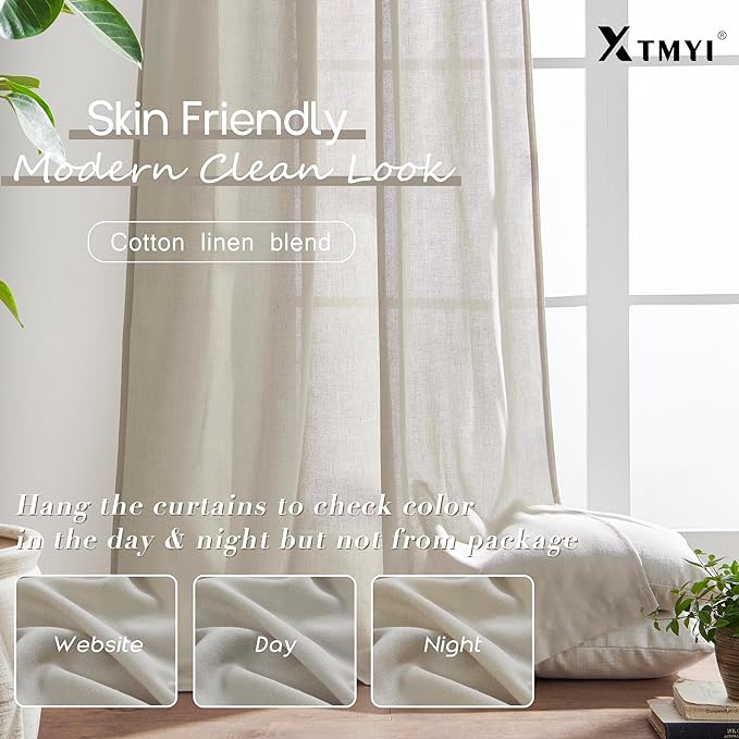 XTMYI 90 Inches Long Oatmeal Country Curtains for Living Room,Sheer Linen Shabby Chic Curtains for Bedroom 70 Inches Wide