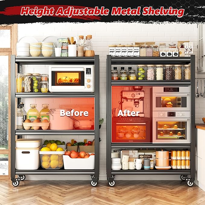 REIBII 4 Tier Storage Shelves with Wheels, 530LBS Adjustable Pantry Shelves,Metal Shelving Unit for Garage, Pantry, Kitchen, Living Room, Warehouse, Basement, 59.8" H x 31.5" W x 16.5" D, Black