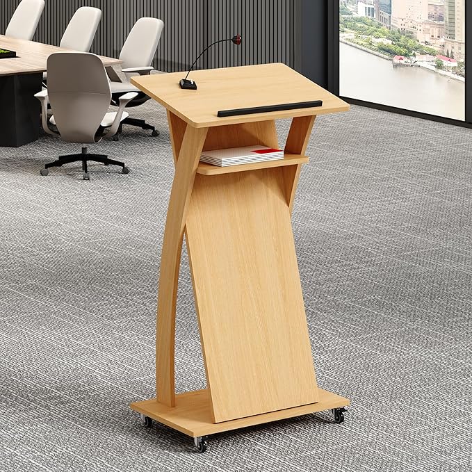 Mobile Wooden Podium Stand with Wheels Lectern Oak Color 16MM Wood Board Elegant Design Wooden Pulpit for Churches Seminars and Schools
