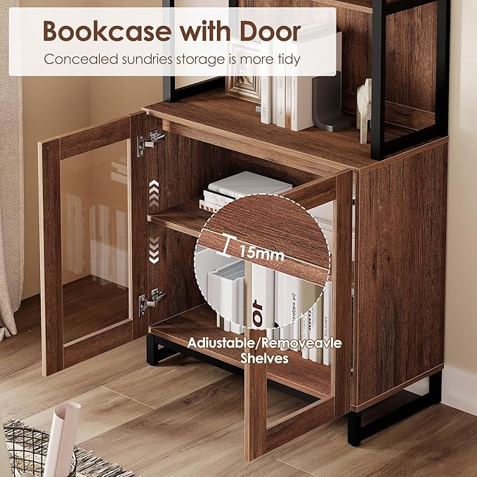 WAMPAT 3 PCS Modern 72" Tall Bookcases with Glass Doors and Adjustable Shelves, Library Book Shelf with Storage Cabinet and Open Book Shelfs, Wood Bookshelves for Home Office, Living Room, Brown