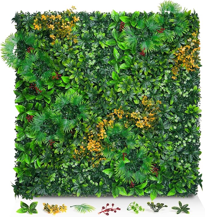 Grass Wall Panels, 20"x20" 16pcs Artificial Grass Backdrop Wall with Tropical Leaves, UV-Anti Faux Greenery Plant Boxwood Panels for Privacy Fence Screen, Green Wall Decor for Outdoor Indoor