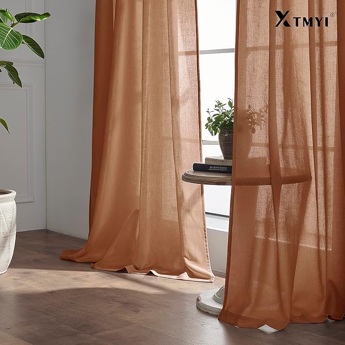 XTMYI Terracotta 90 Inch Length 2 Panels Back Tab/Hook Belt Linen Cotton Sheer Curtains for Bedroom Set