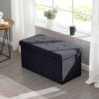 Ornavo Home Foldable Tufted Linen Large Storage Ottoman Bench Foot Rest Stool/Seat - 15" x 30" x 15" (Black)