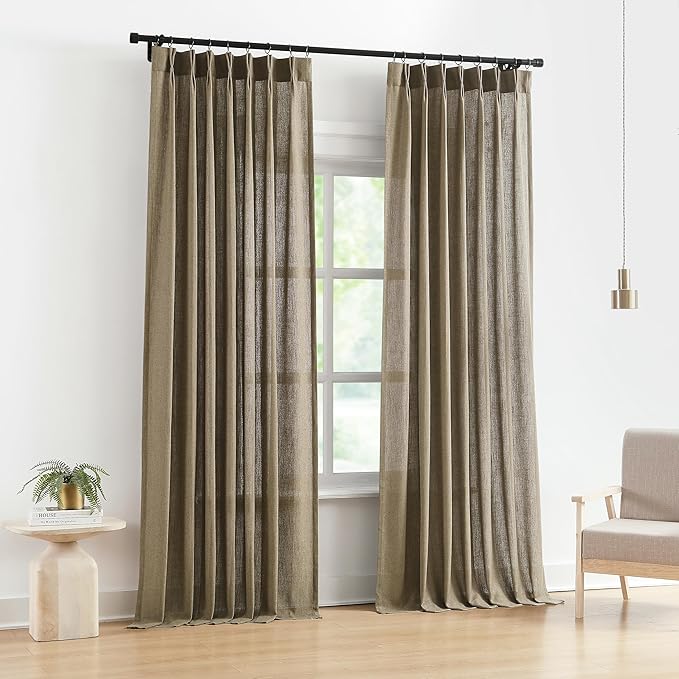 Vision Home Brown Pinch Pleated Semi Sheer Curtains Textured Linen Blended Light Filtering Window Curtains 84 inch for Living Room Bedroom Pinch Pleat Drapes with Hooks 2 Panels 40" Wx84 L