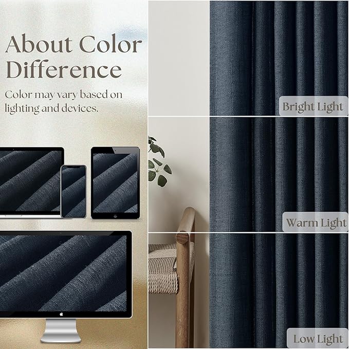 Navy 90 Inch Linen Curtains Pinch Pleated for Living Room Bedroom Dining Boho Modern Light Filtering Pinch Pleat Drapes Hooks Rings Back Tab Semi Sheer Dark Blue Indigo Window Curtains 2 Panels